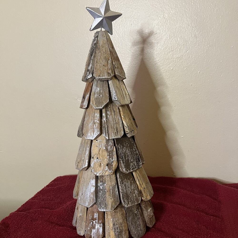 Christmas Handcrafted Tabletop Tree 14 Inches Rustic Wood With Silver Accents - Picture 3 of 9